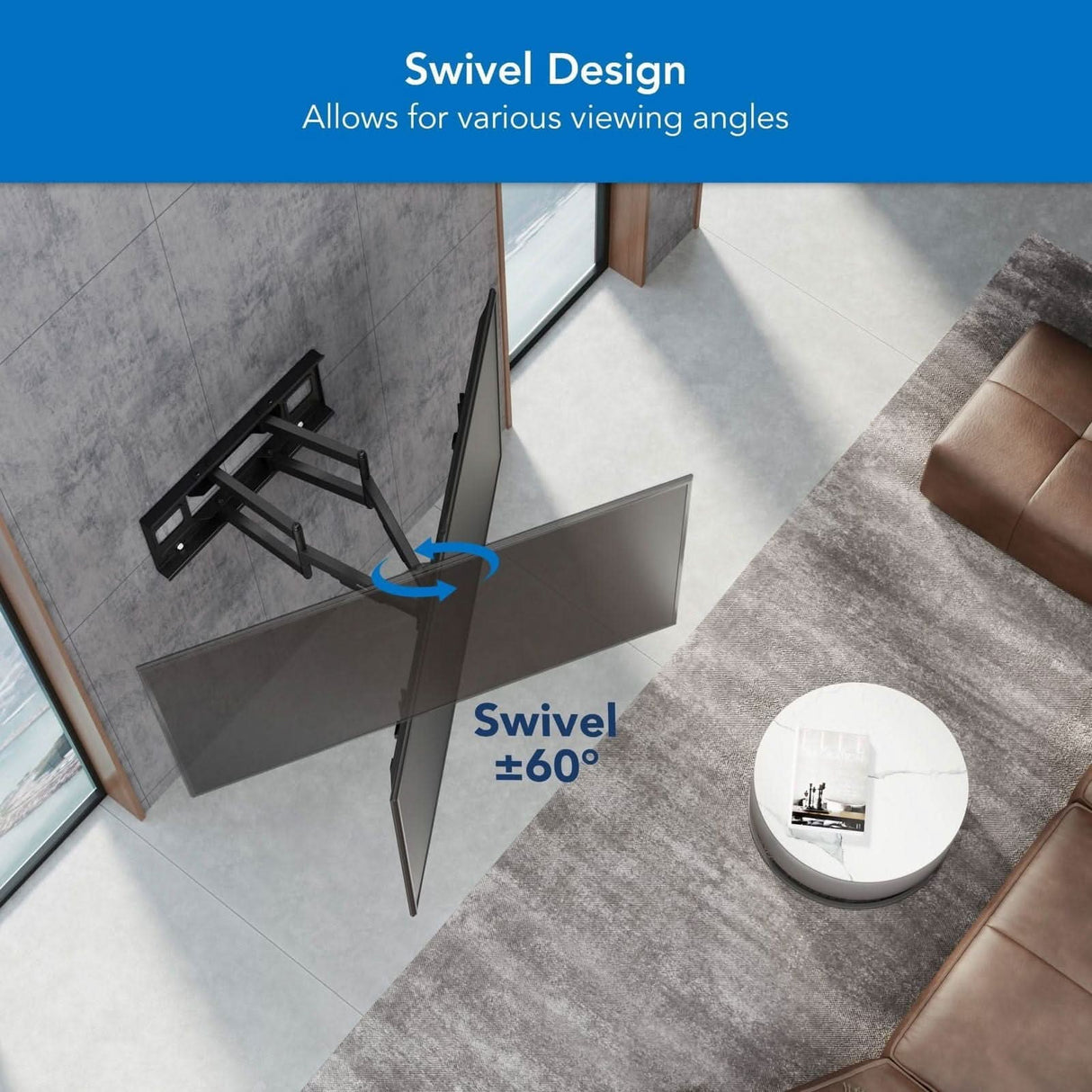 Overhead view of the Mount-It! Heavy Duty Full Motion TV Wall Mount, offering ±60° swivel for flexible viewing. Set in a modern living room with gray rug, brown sofa, and round white coffee table. Text: Swivel design for versatile angles.