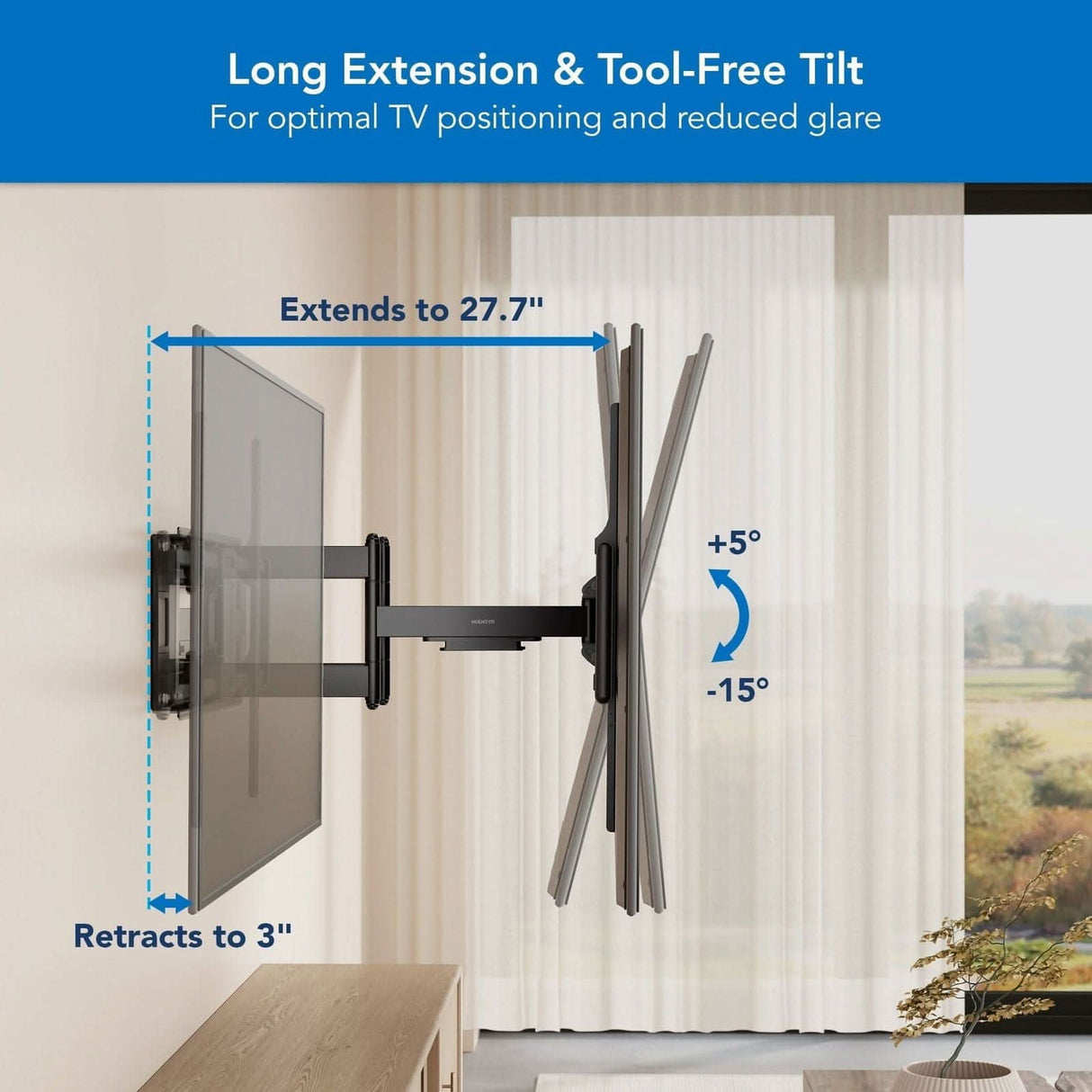 The Mount-It! Heavy Duty Full Motion TV Wall Mount extends 27.7" and retracts to 3", tilts +5°/-15°, making it ideal for rooms with scenic views, even when mounted in front of a large window with sheer curtains.