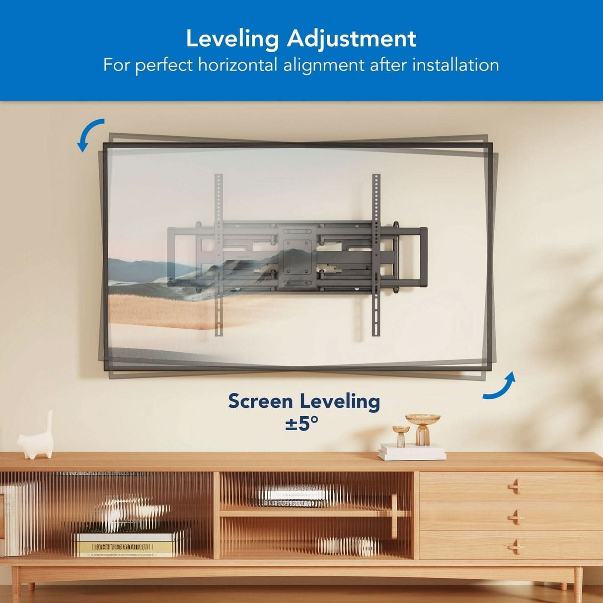 Illustration of the Mount-It! Heavy Duty Full Motion TV Wall Mount above a wooden cabinet, with blue arrows highlighting its ±5° screen leveling adjustment for perfect horizontal alignment after installation.