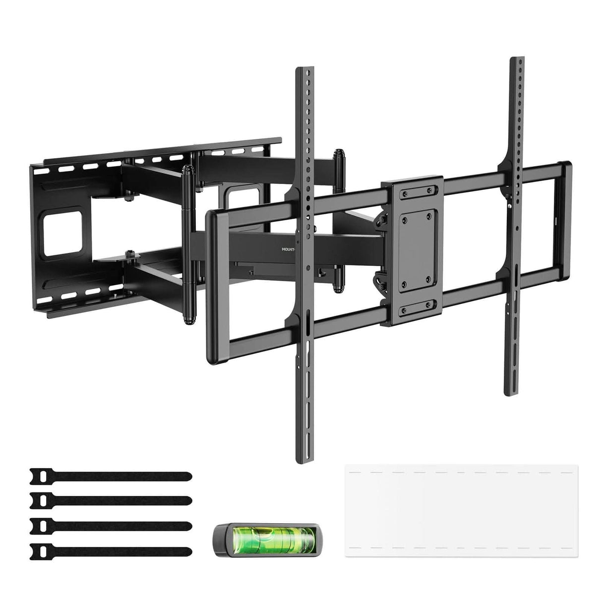 The Mount-It! Heavy Duty Full Motion TV Wall Mount features adjustable arms, four cable ties, a bubble level, and a rectangular adhesive cable management strip, all displayed on a white background.