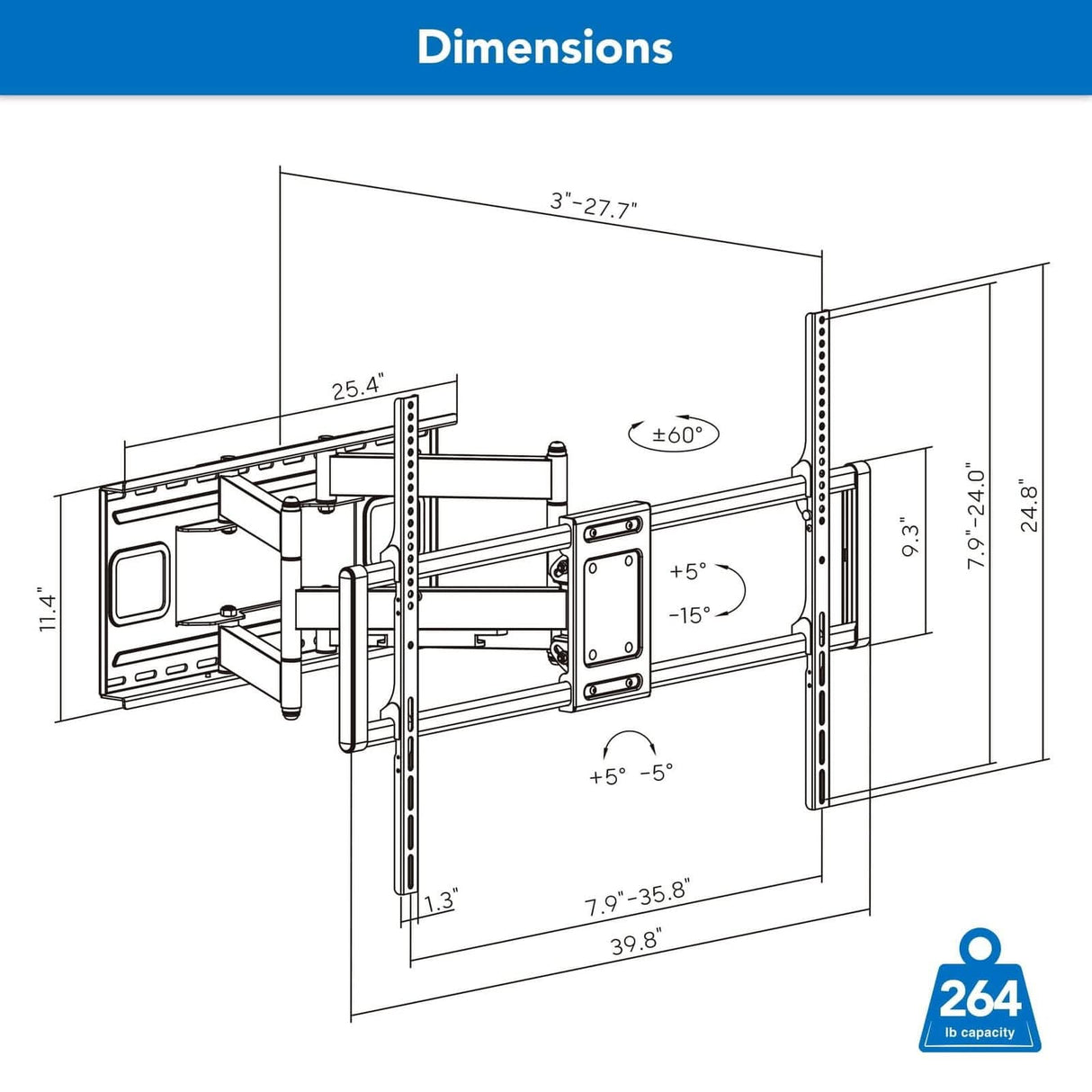Technical diagram of the Mount-It! Heavy Duty Full Motion TV Wall Mount with labeled dimensions, showing adjustable arms and mounting points. Supports up to 264 lbs. White background with blue "Dimensions" header.