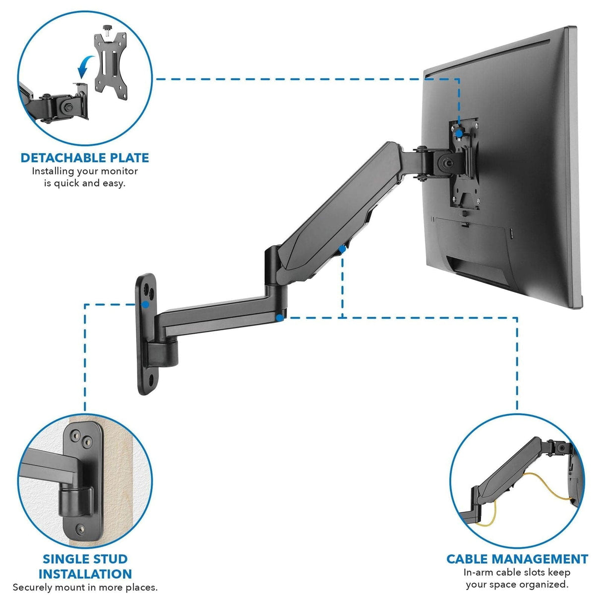 Height Adjustable Single Monitor Wall Mount Black Monitor Mount - Height Adjustable Single Monitor Wall Mount - Mount-It! - MI-3753
