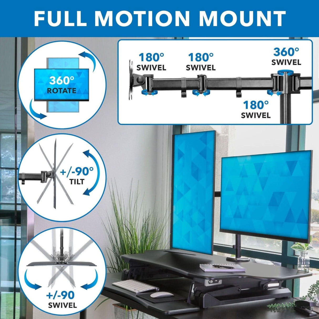 Black Desk Converters - Large Electric Sit-Stand Desk Converter with Dual Monitor Mount - Mount-It! - MI-8054