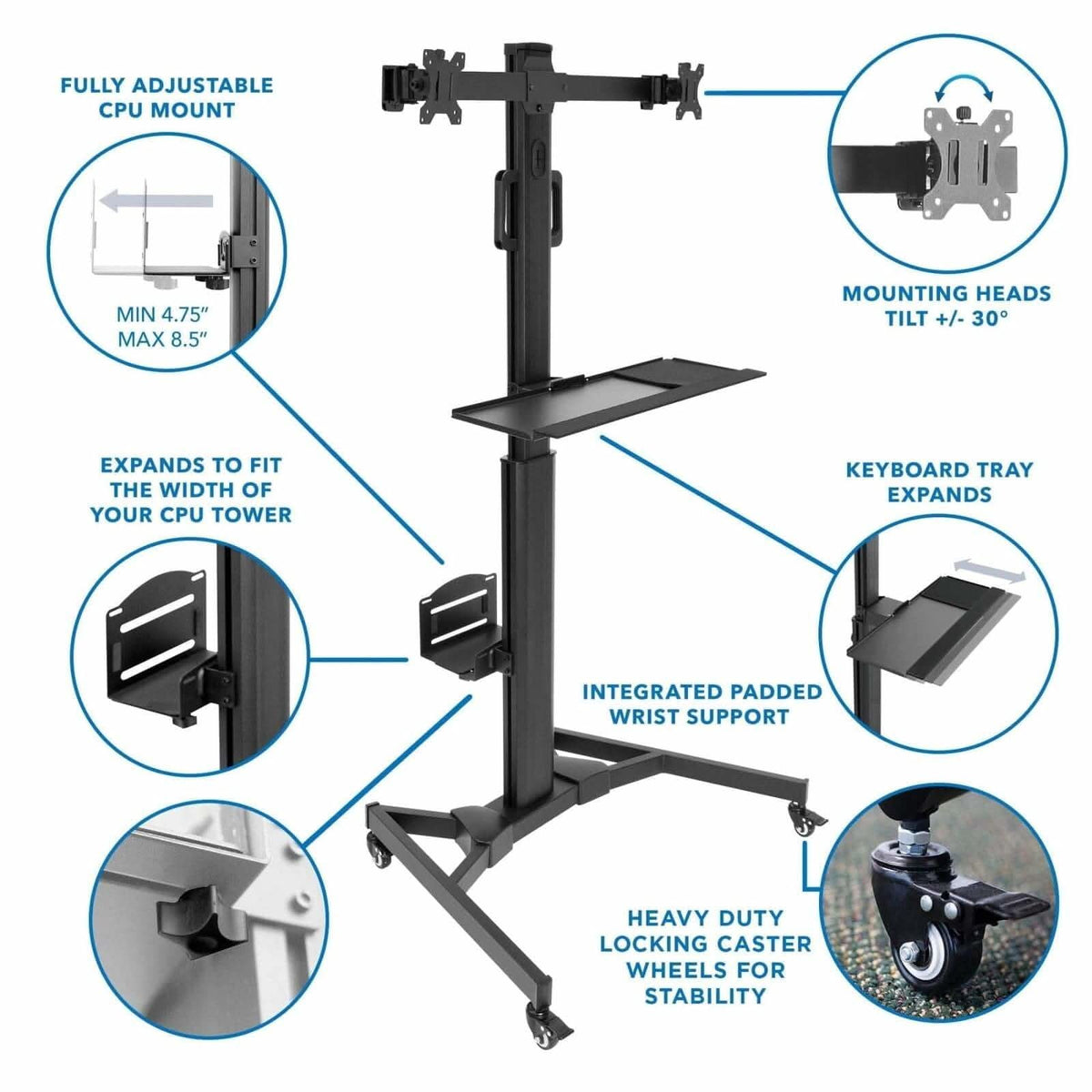 Black Mobile Standing Desk - Mobile PC Workstation for Dual Monitors - Mount-It! - MI-7986