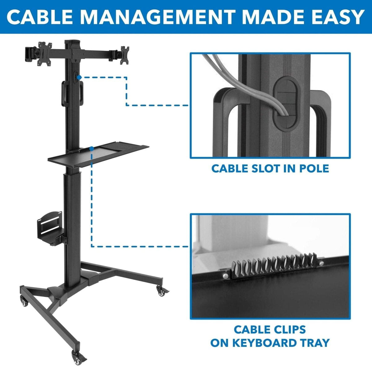 Black Mobile Standing Desk - Mobile PC Workstation for Dual Monitors - Mount-It! - MI-7986