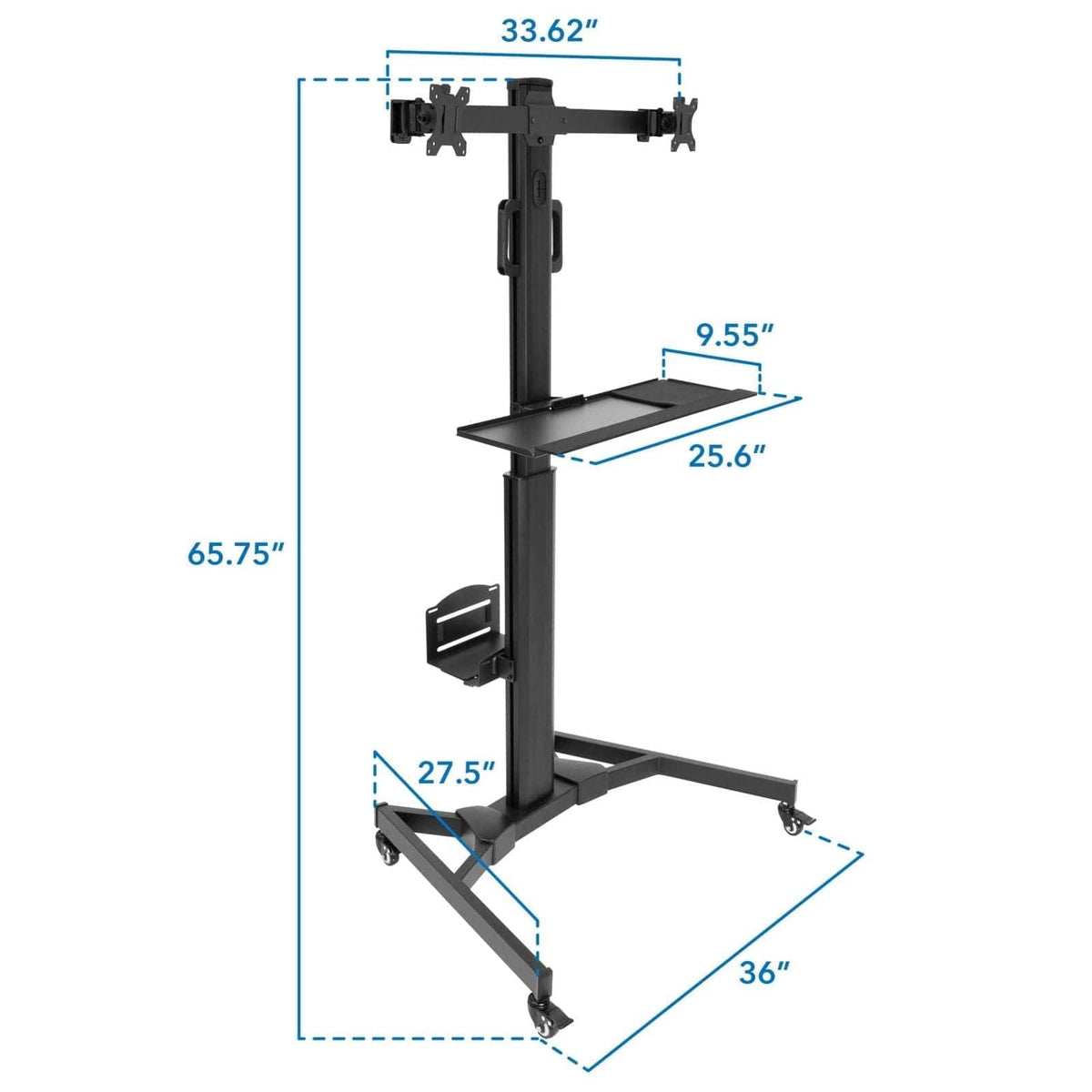 Black Mobile Standing Desk - Mobile PC Workstation for Dual Monitors - Mount-It! - MI-7986