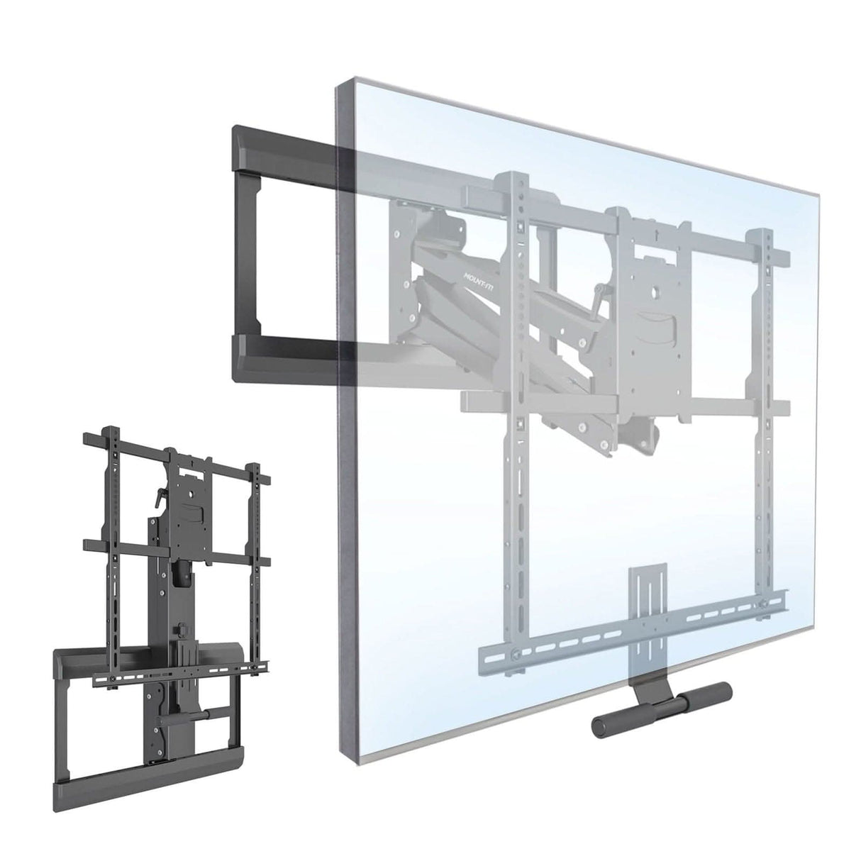 The Mount-It! Pull Down Fireplace TV Mount in black is shown supporting a large flat-screen TV. It features height adjustment, extendable arms, and swiveling joints for flexible positioning, with an isolated view displayed on the left.