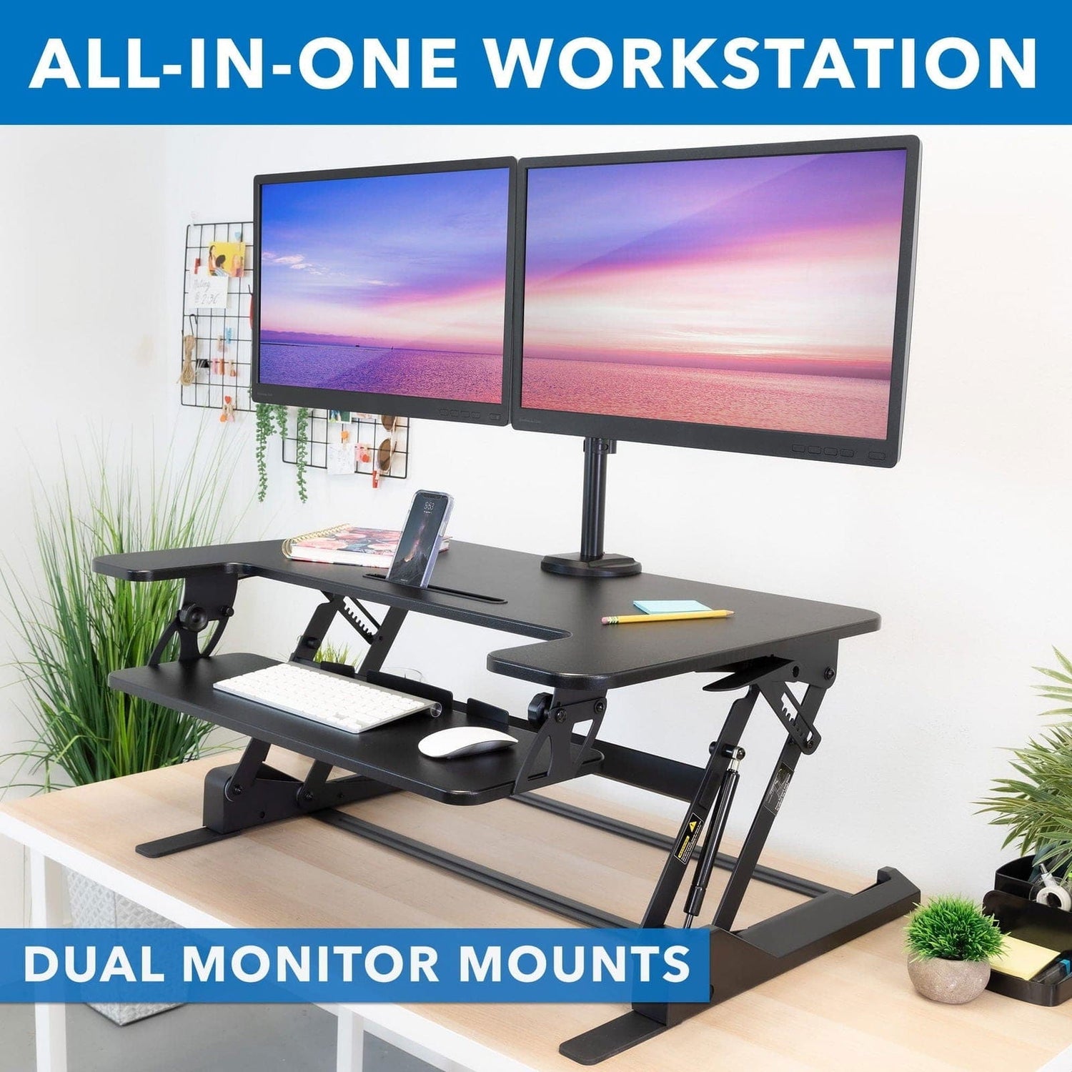 Black Desk Converters - Sit-Stand Desk Converter with Dual Monitor Mount - Mount-It! - MI-7934