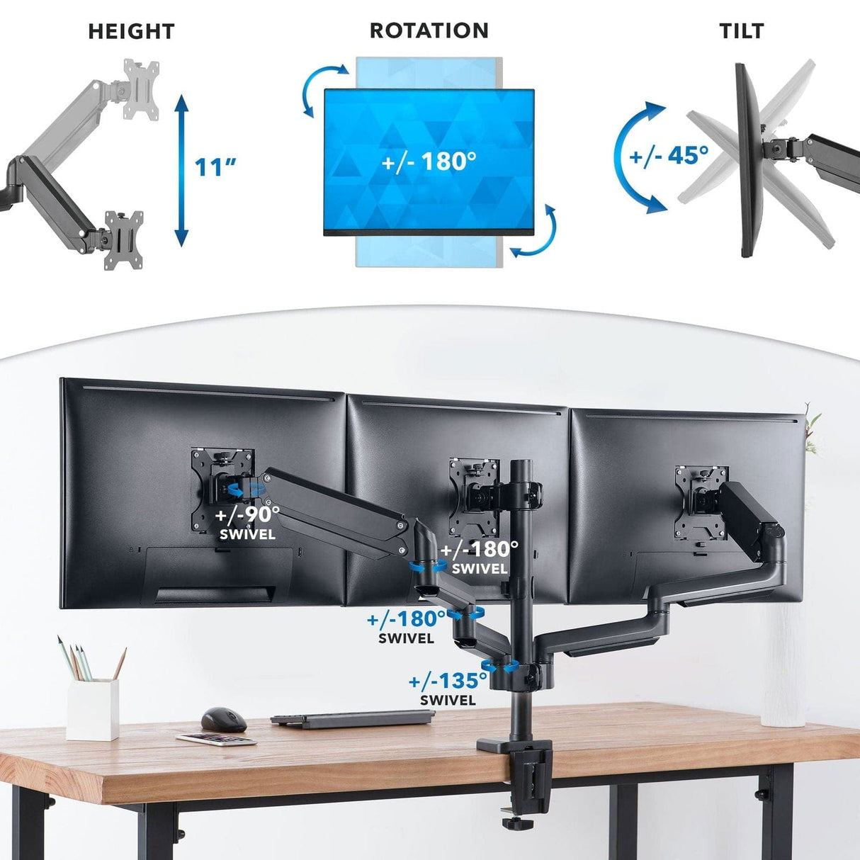 Triple Monitor Mount with Gas Spring Arms Black Monitor Mount - Triple Monitor Mount with Gas Spring Arms - Mount-It! - MI-4753B
