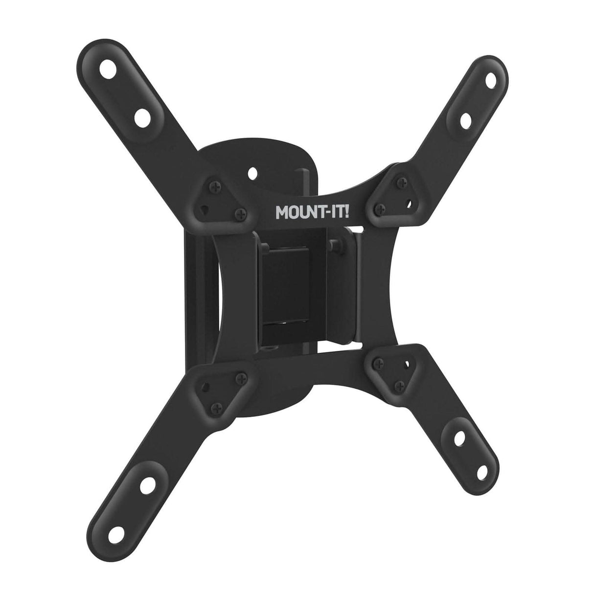 The Mount-It! Compact Full Motion TV Wall Mount is a black metal bracket for flat-screen TVs or monitors. It features adjustable arms, multiple screw holes, and a low-profile design for versatile installation.