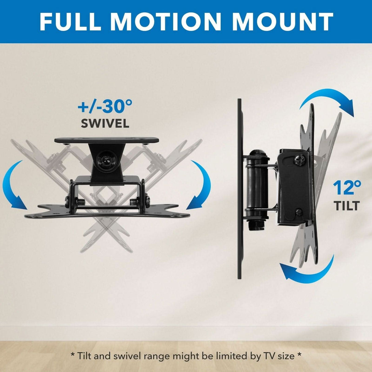 Diagram illustrates the Mount-It! Compact Full Motion TV Wall Mount with +/-30° swivel and 12° tilt. Swivel range is shown on the left, tilt adjustment on the right, with arrows marking movement directions.
