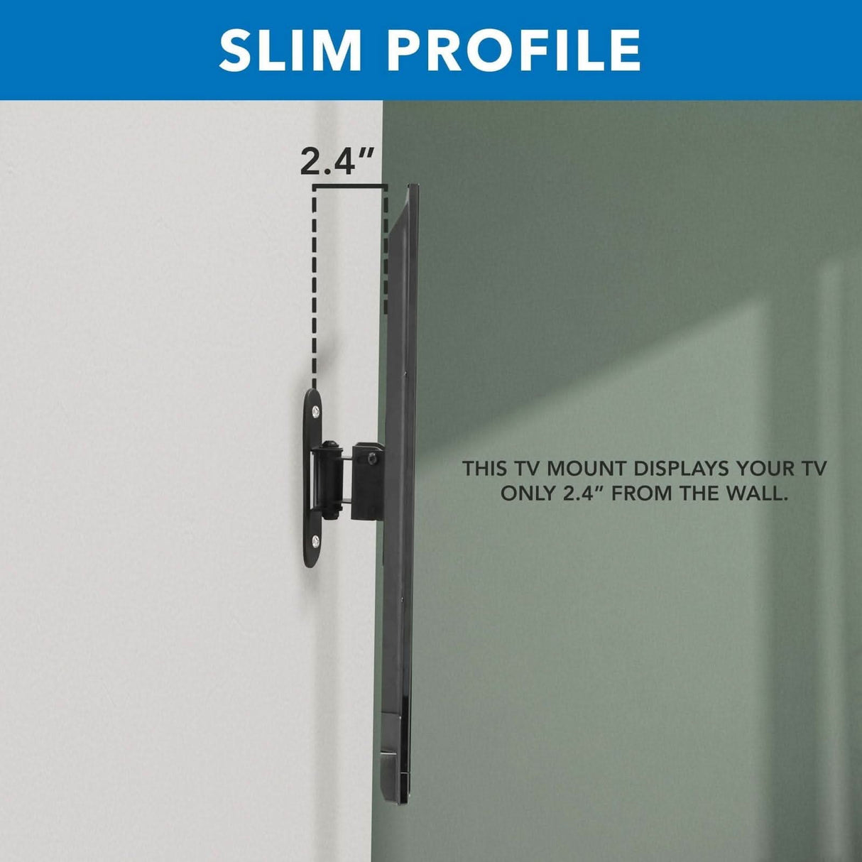 The Mount-It! Compact Full Motion TV Wall Mount holds your screen just 2.4 inches from the wall for a sleek, modern look. Its slim profile keeps your TV close to the wall, saving space without sacrificing style.