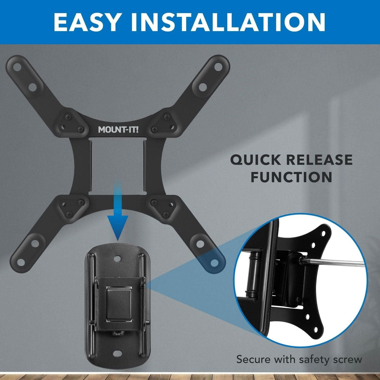The Mount-It! Compact Full Motion TV Wall Mount in black is shown with an arrow highlighting its safety screw. Text reads “Easy Installation” and “Quick Release Function”—ideal as a secure, low profile mount for any space.