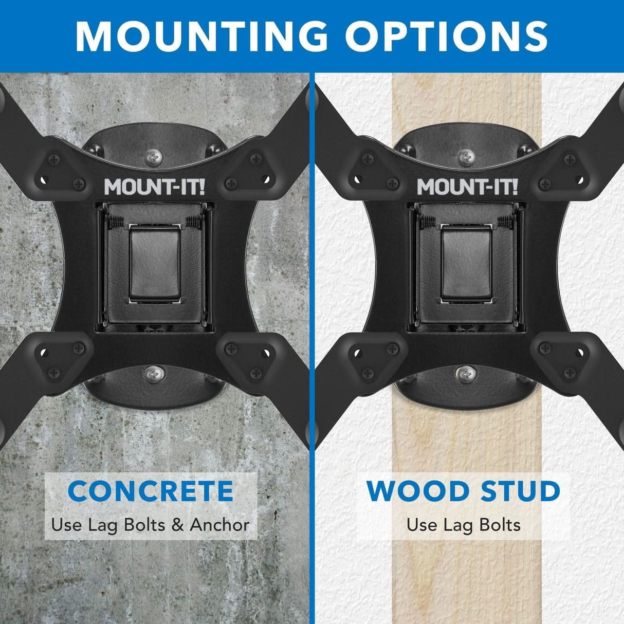Side-by-side diagram displays the Mount-It! Compact Full Motion TV Wall Mount attached to concrete (left) with lag bolts and anchor, and to a wood stud (right) with lag bolts only. Text above: Mounting Options.