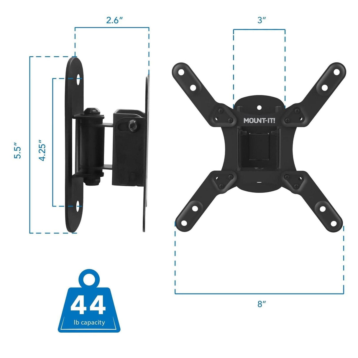Diagram of the Mount-It! Compact Full Motion TV Wall Mount in black, showing front and side views with labeled dimensions: 5.5" height, 8" width, 3" depth, 2.6" extension. Blue icon indicates 44 lb weight capacity.