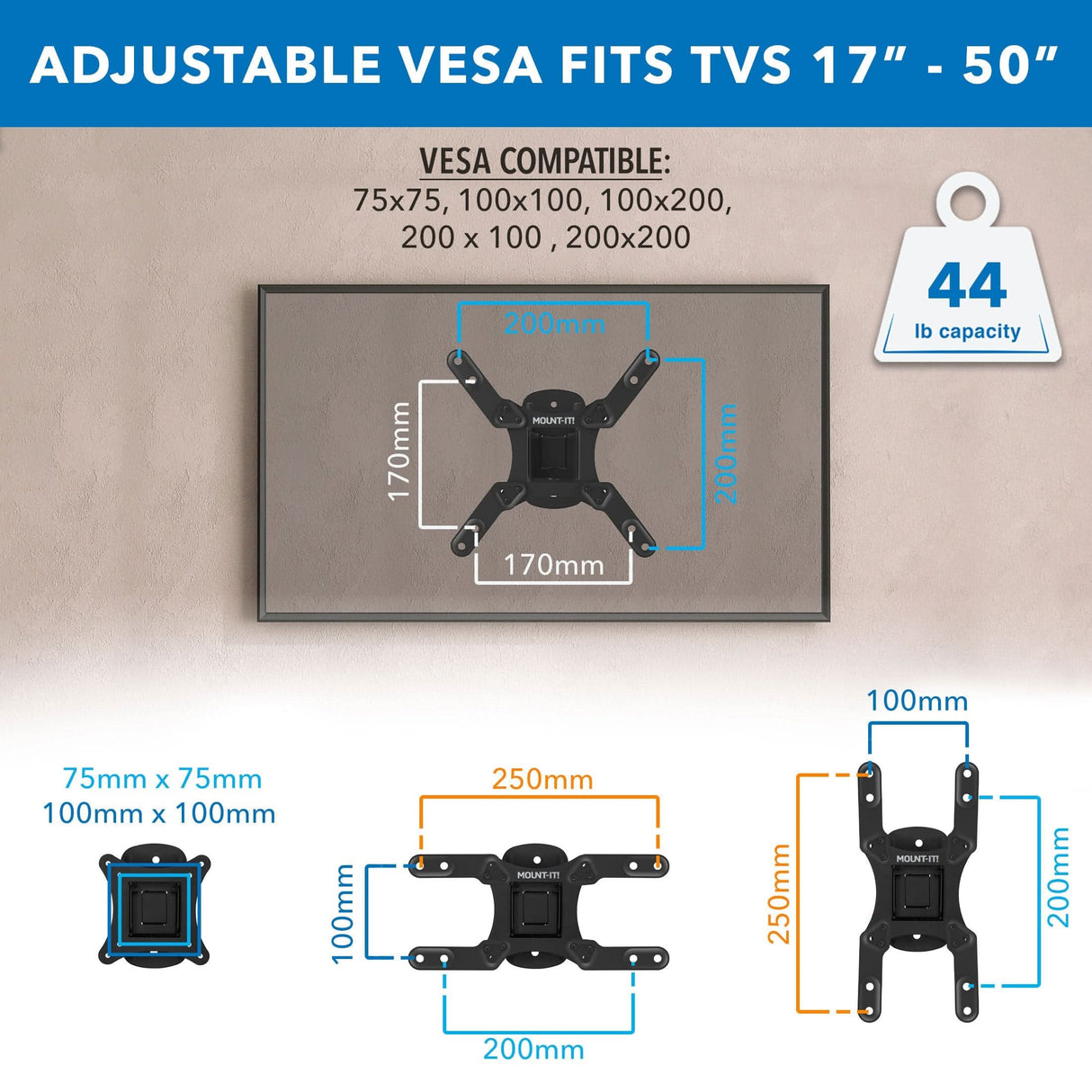 Diagram of the Mount-It! Compact Full Motion TV Wall Mount, a low-profile, versatile mount for 17–50” TVs up to 44 lbs, compatible with VESA sizes 75x75 to 200x200mm. Dimensions and compatibility are clearly labeled.