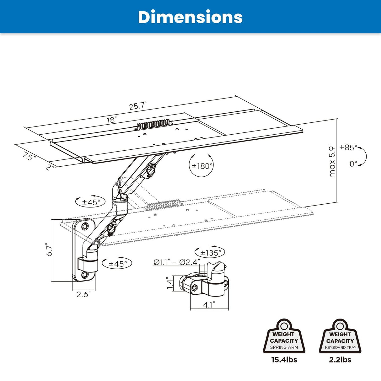 Counterbalance Keyboard Tray Arm for Wall and Pole Mounting Keyboard Trays/Mounts - Counterbalance Keyboard Tray Arm for Wall and Pole Mounting - Mount-It! - MI-1765KB