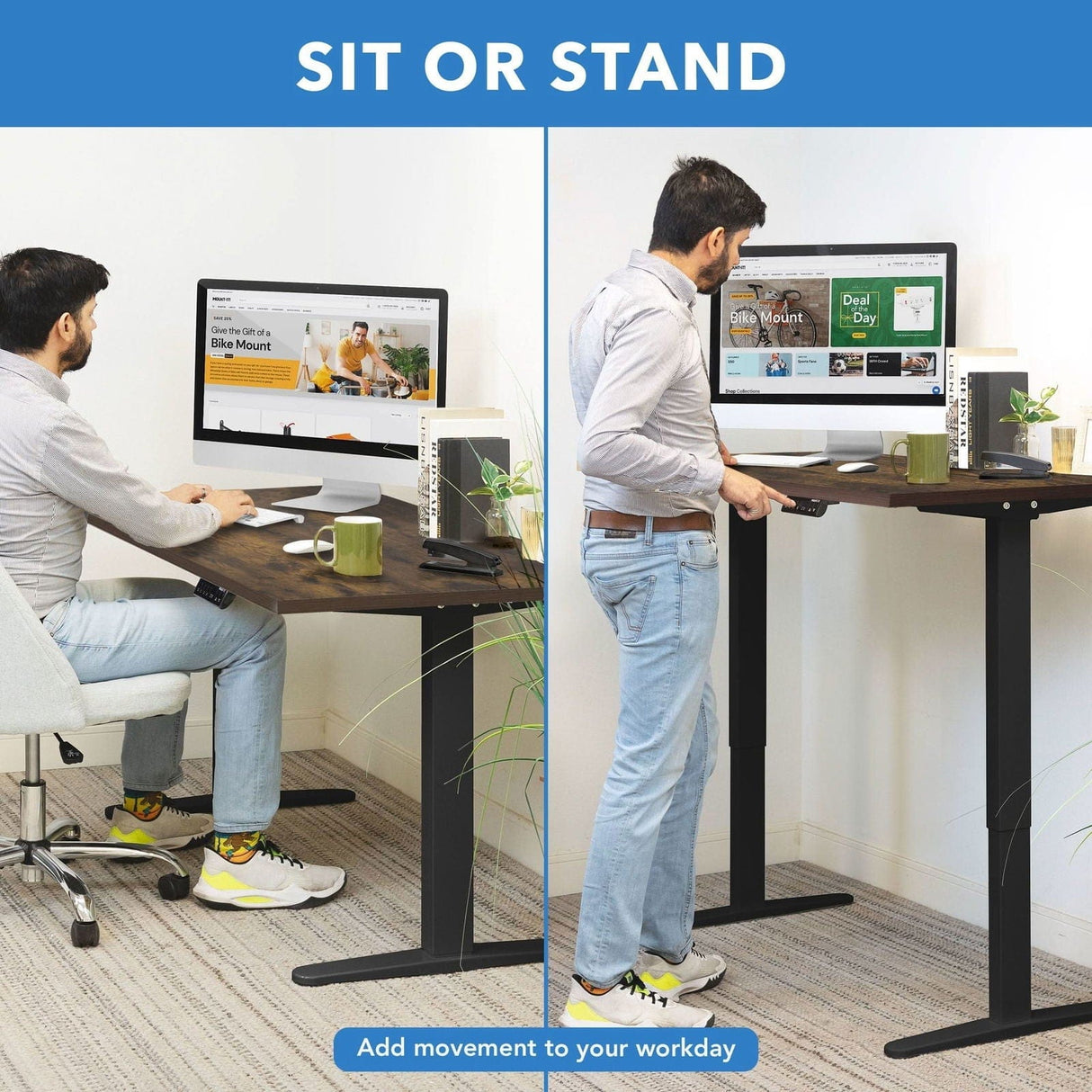 Dual Motor Electric Standing Desk with 55" Tabletop - Black Base Standing Desk - Dual Motor Electric Standing Desk with 55" Tabletop - Black Base - Mount-It! -