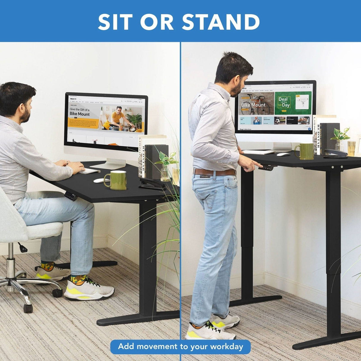 Dual Motor Electric Standing Desk with 55" Tabletop - Black Base Standing Desk - Dual Motor Electric Standing Desk with 55" Tabletop - Black Base - Mount-It! -