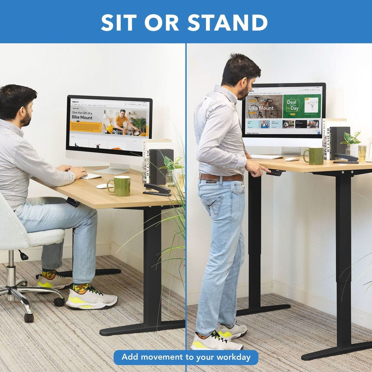 Dual Motor Electric Standing Desk with 55" Tabletop - Black Base Standing Desk - Dual Motor Electric Standing Desk with 55" Tabletop - Black Base - Mount-It! -