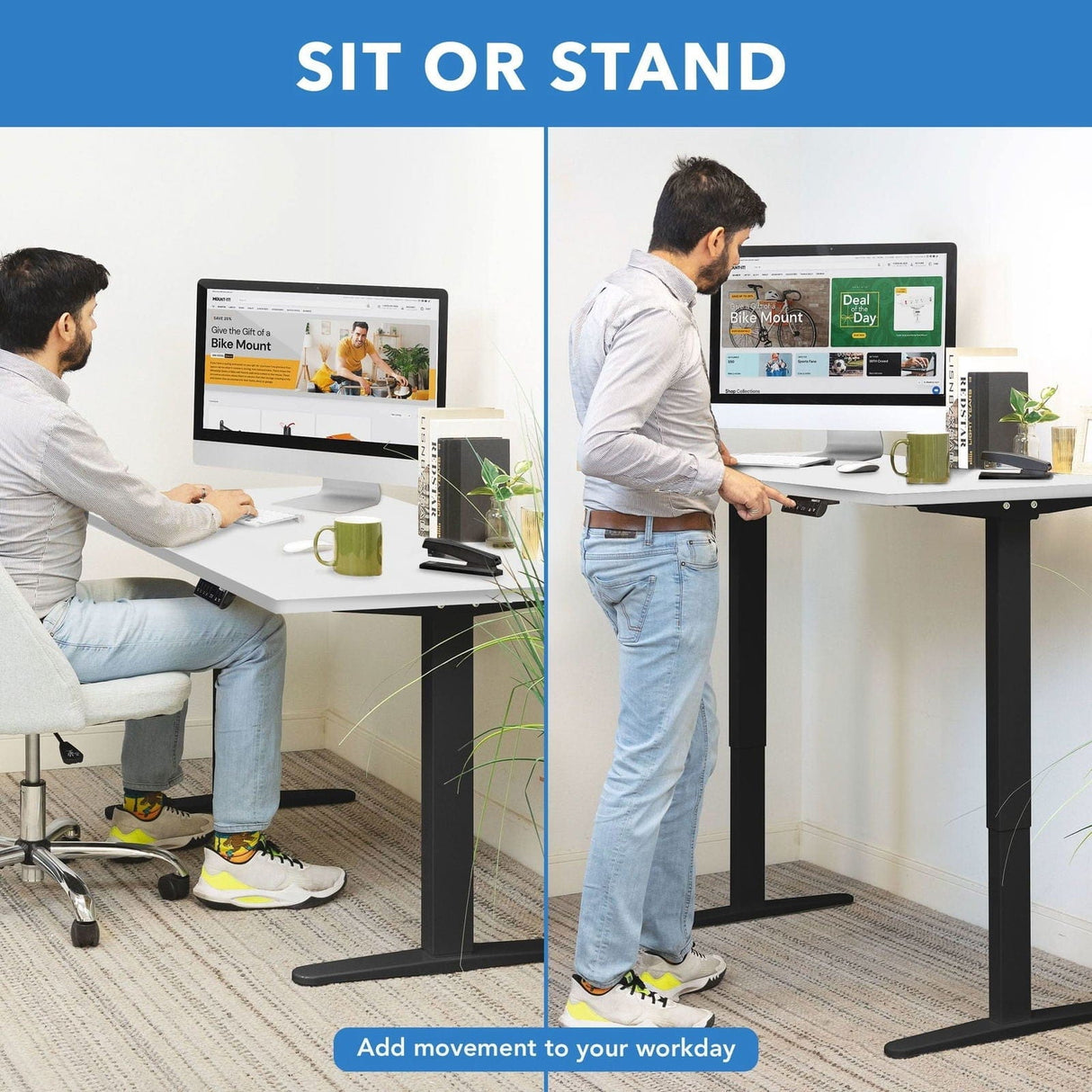 Dual Motor Electric Standing Desk with 55" Tabletop - Black Base Standing Desk - Dual Motor Electric Standing Desk with 55" Tabletop - Black Base - Mount-It! -