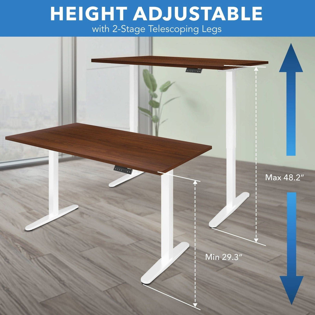 Dual Motor Electric Standing Desk with 55" Tabletop - White Base Standing Desk - Dual Motor Electric Standing Desk with 55" Tabletop - White Base - Mount-It! -