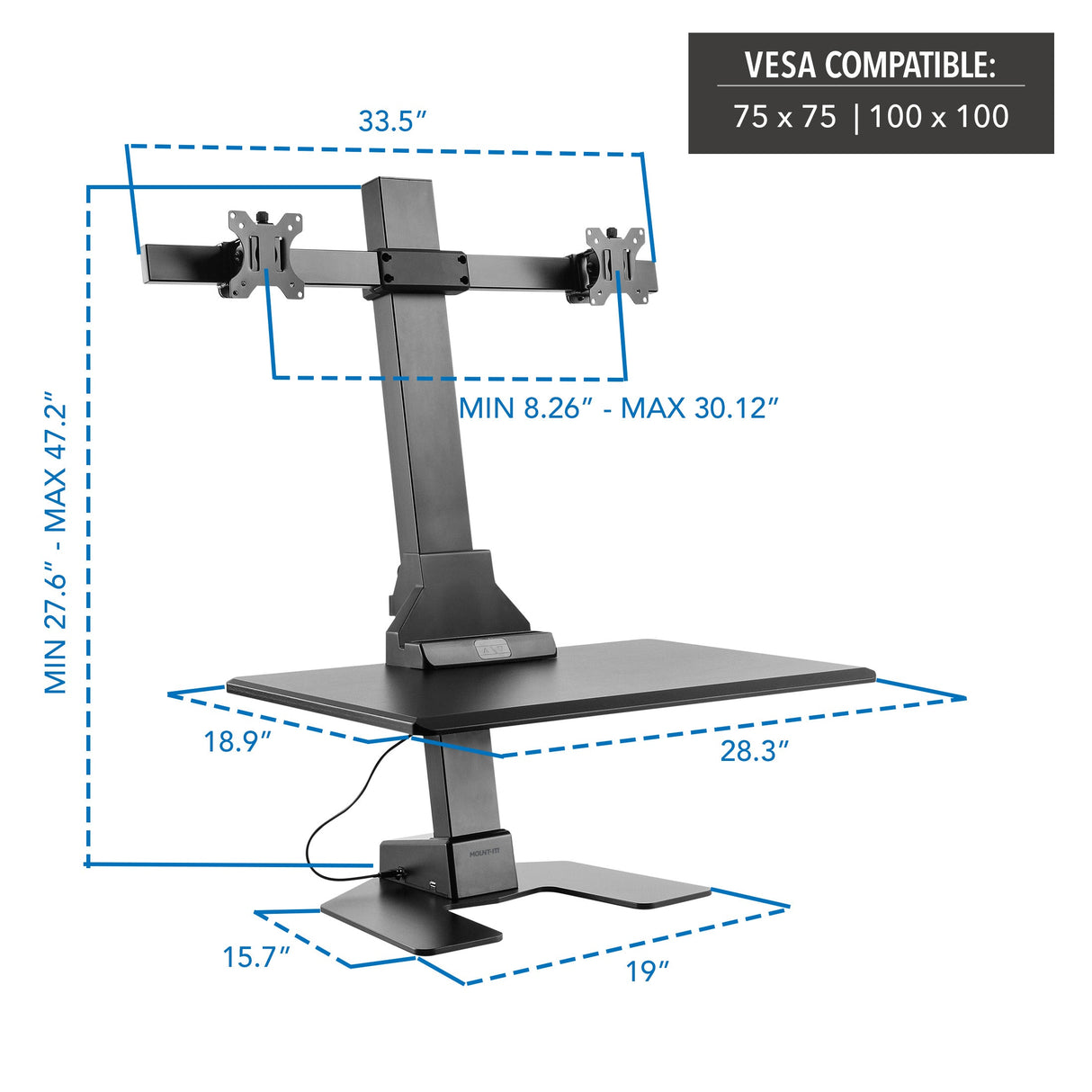 Electric Sit-Stand Desk Converter for 2 Monitors Desk Converters - Electric Sit-Stand Desk Converter for 2 Monitors - Mount-It! -