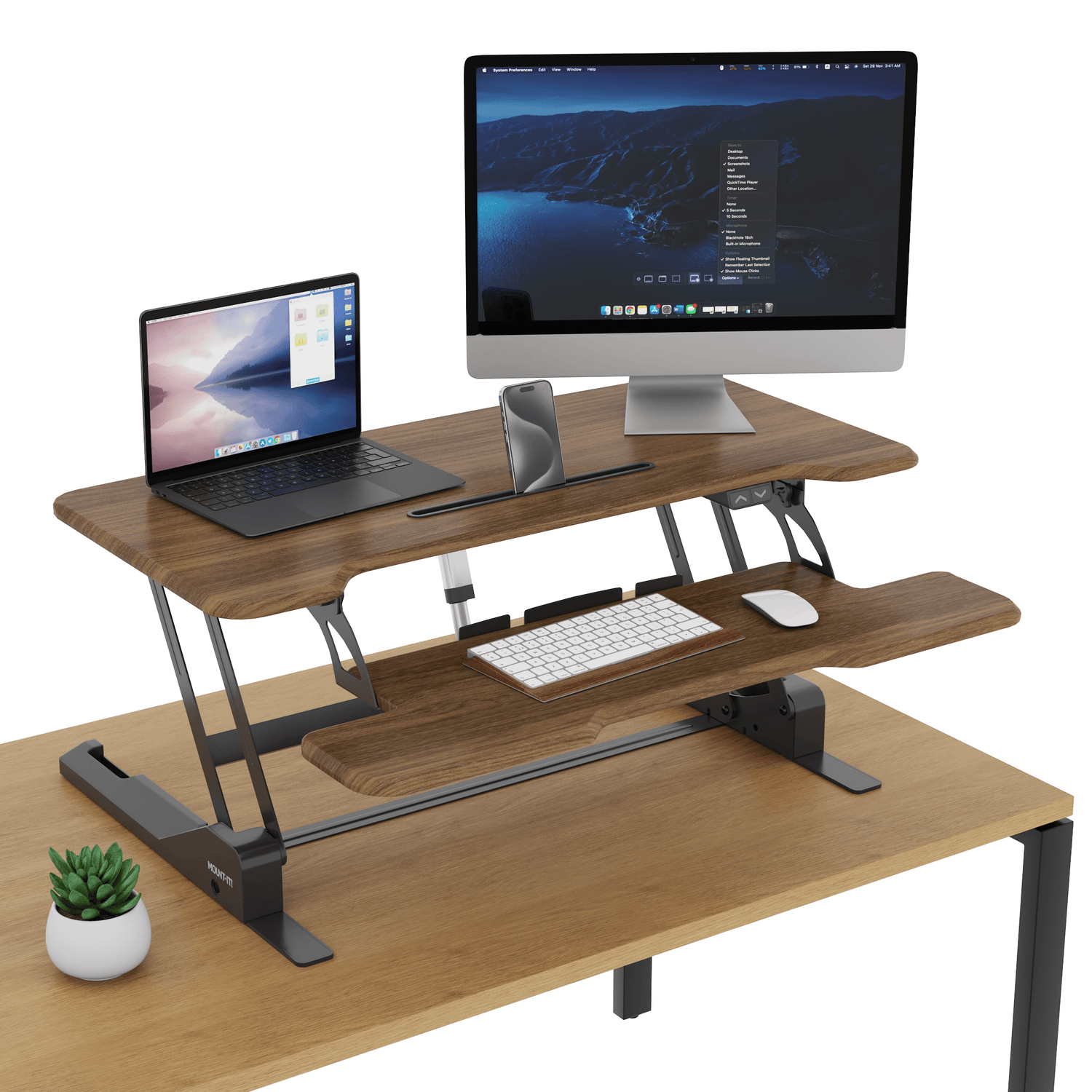 Electric Standing Desk Converter with 38" Desktop - MI-8011 - Dark Walnut Woodgrain - with monitor and laptop on desk