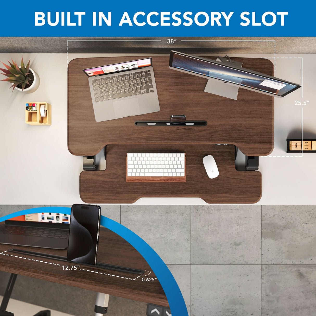 Electric Standing Desk Converter with 38" Desktop - MI-8011 - Dark Walnut Woodgrain - top view with monitor and laptop and callout of phone slot