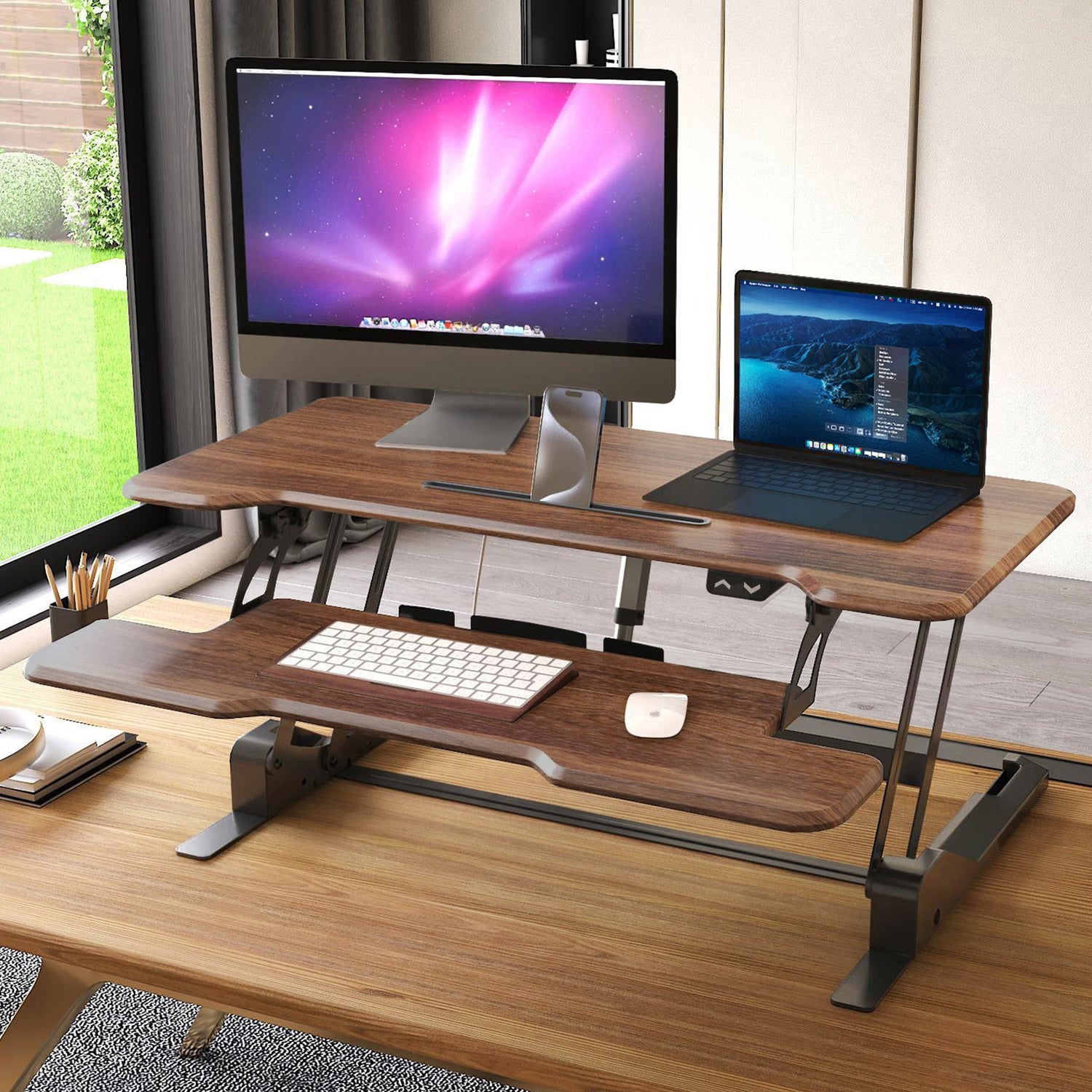 Electric Standing Desk Converter with 38" Desktop - MI-8011 - Dark Walnut Woodgrain - in use on desk with Monitor and Laptop