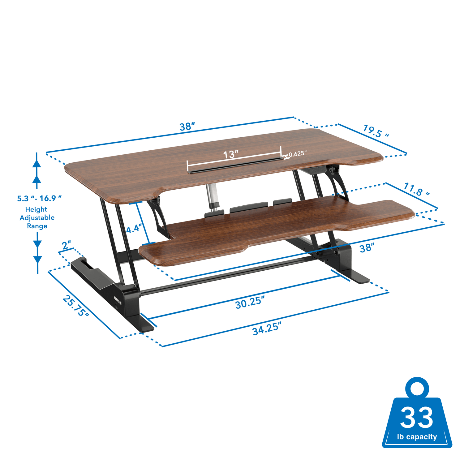 Electric Standing Desk Converter with 38" Desktop - MI-8011 - Dark Walnut Woodgrain - Dimensions and 33lb weight capacity