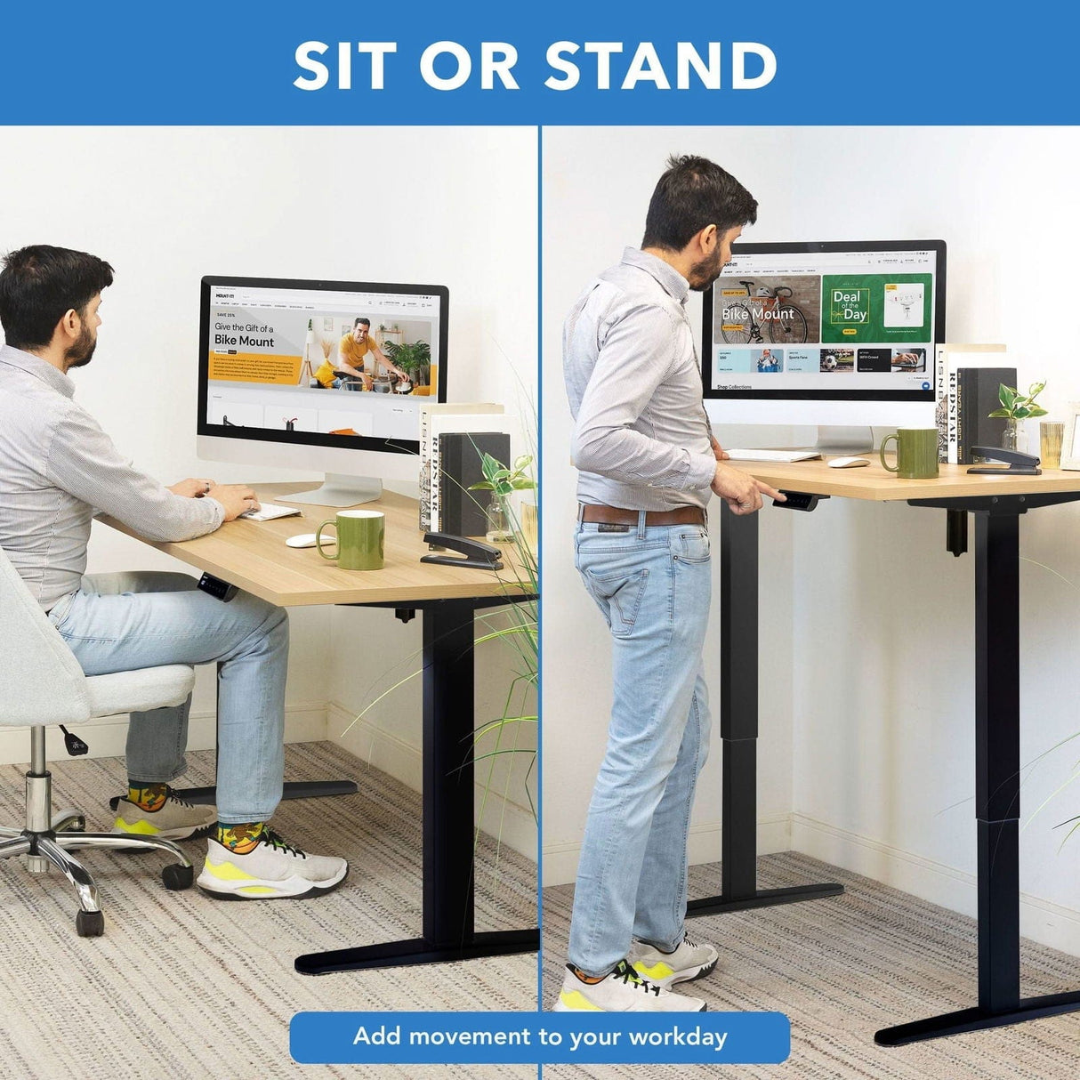 Electric Standing Desk with 55" Tabletop - Black Base Standing Desk - Electric Standing Desk with 55" Tabletop - Black Base - Mount-It! -