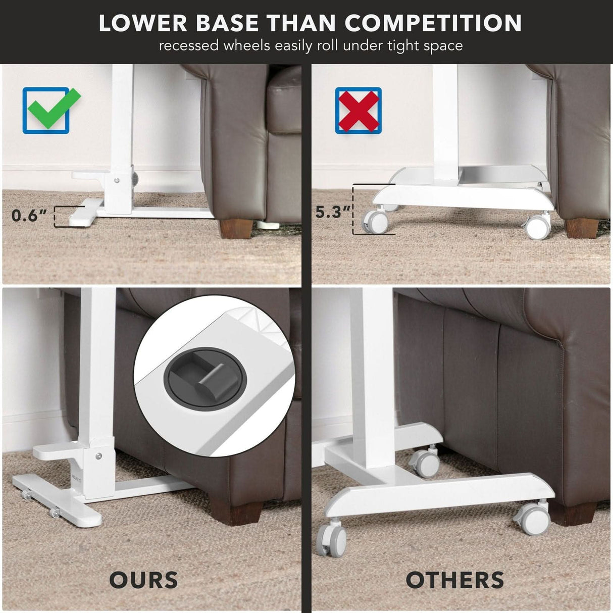 Mobile Standing Desk - Foldable Rolling Overbed Table - MI-8046 - low base that fits under furniture