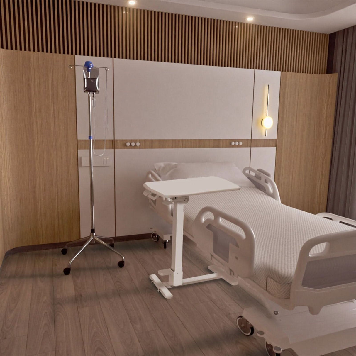 Mobile Standing Desk - Foldable Rolling Overbed Table - MI-8046 next to a hospital bed