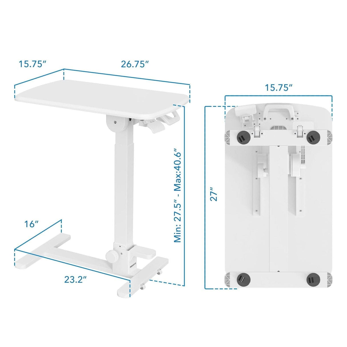 Mobile Standing Desk - Foldable Rolling Overbed Table - MI-8046 Dimensions fully set up and folded