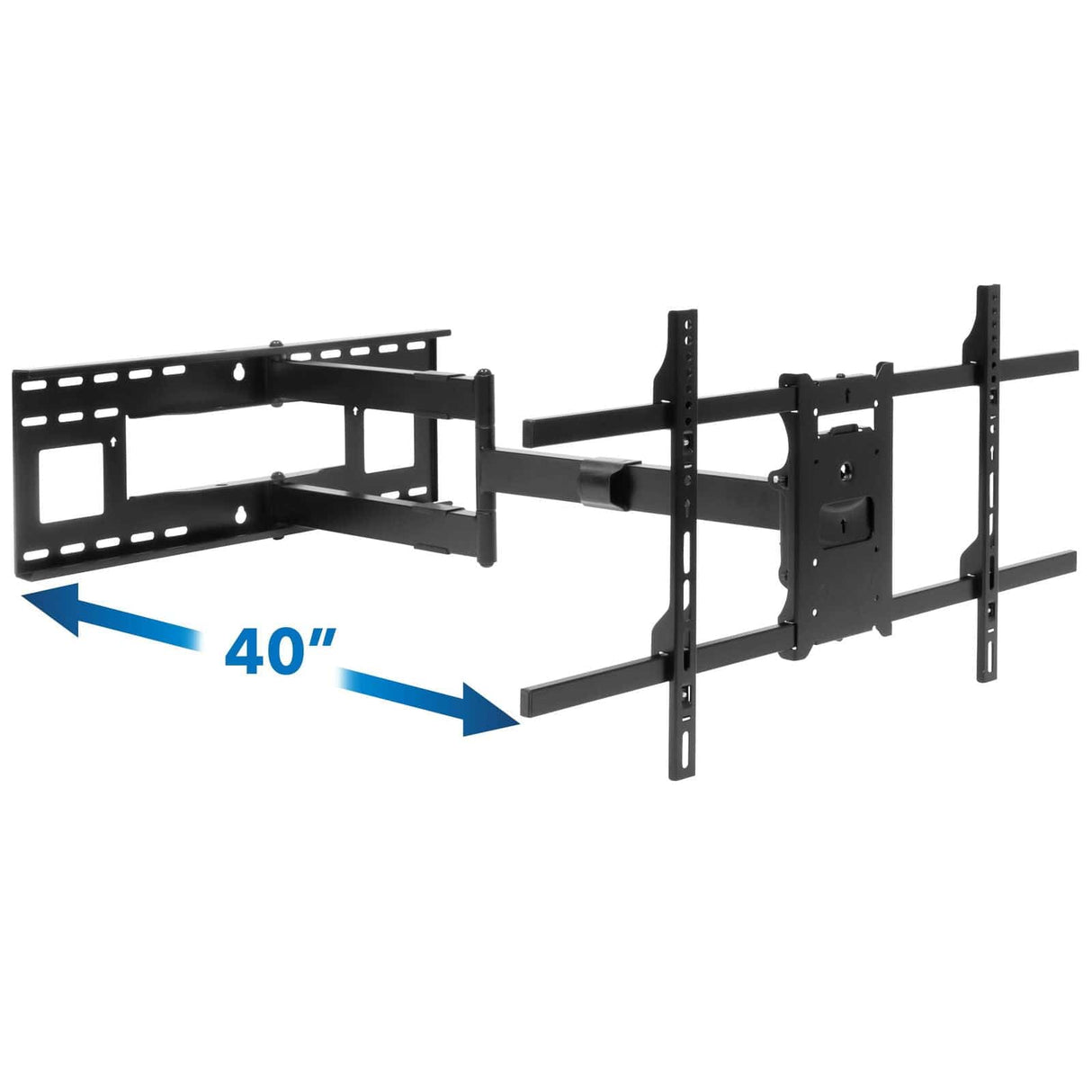 The Mount-It! Full Motion TV Wall Mount with Extra Long Extension features a black adjustable bracket for flat-screen TVs, extending outward with a 40-inch arm highlighted by an arrow beneath.
