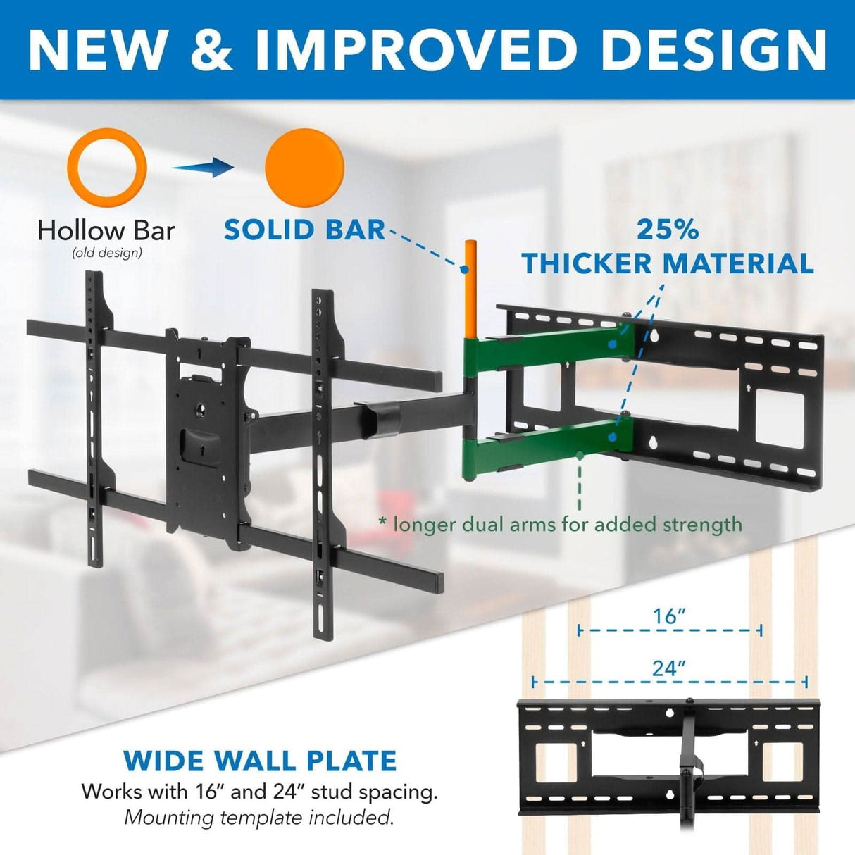 Comparison graphic showing Mount-It! Full Motion TV Wall Mount with Extra Long Extension (blue) vs. old hollow bar (orange), highlighting 25% thicker material, dual arms, and a wide wall plate for 16”/24” stud spacing.