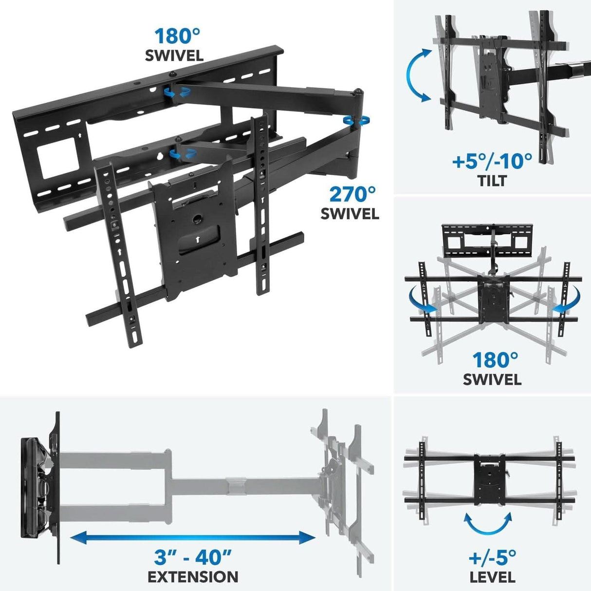 Diagram of the Mount-It! Full Motion TV Wall Mount with Extra Long Extension: 180° & 270° swivel, +5°/-10° tilt, 3-40" extension, and ±5° leveling. Labeled illustrations highlight each adjustable feature for extra long arm setups.