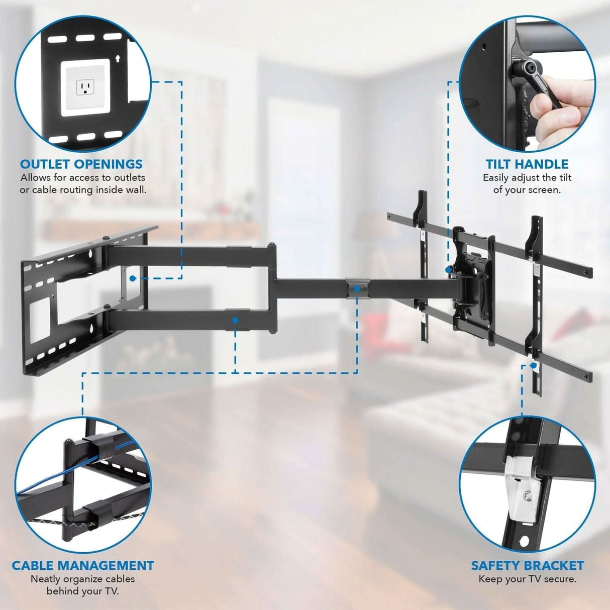 The Mount-It! Full Motion TV Wall Mount with Extra Long Extension is shown in black, featuring outlet openings, tilt handle, cable management slots, and a safety bracket. A blurred living room background highlights its suitability for 80" TVs.
