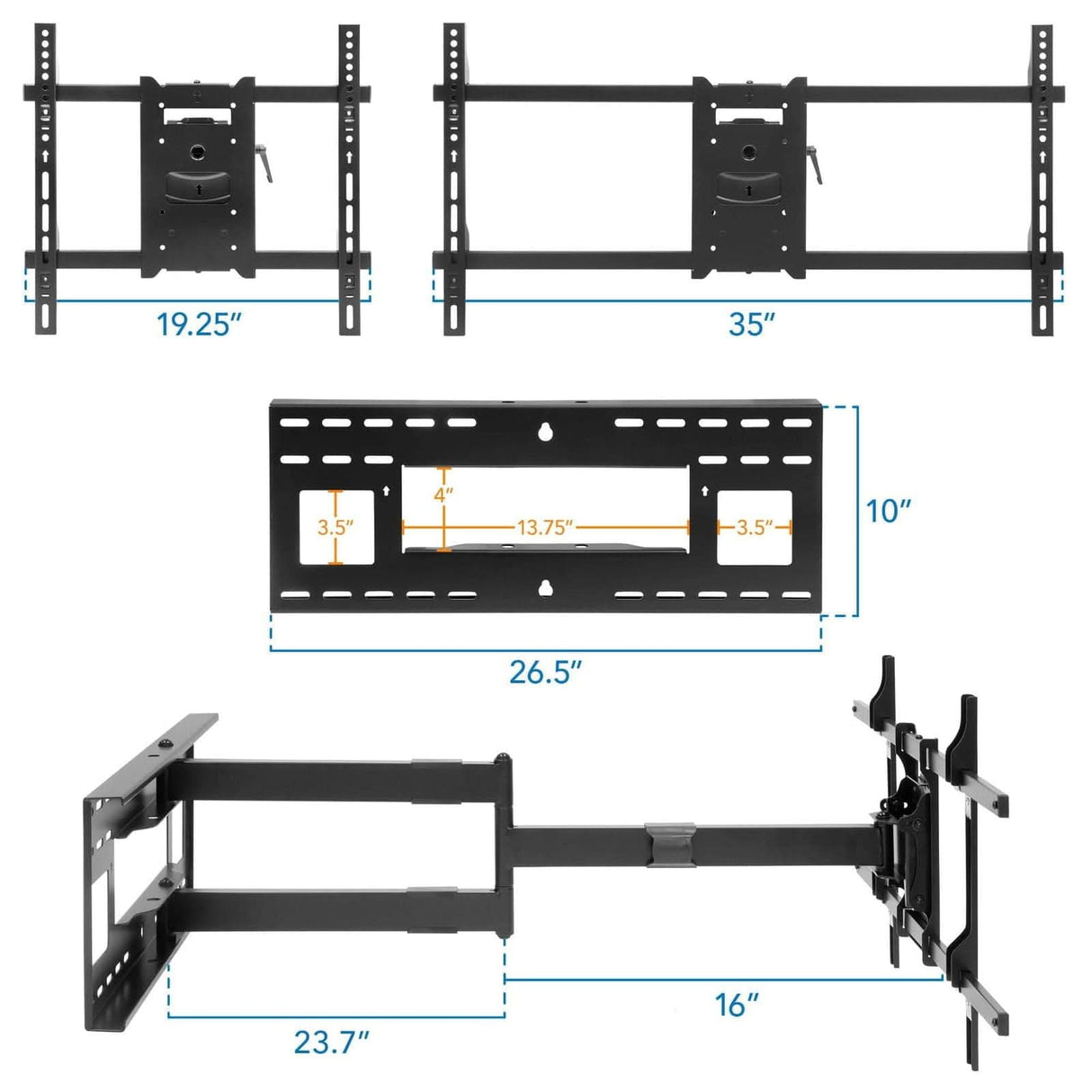 Image displaying three diagrams of the Mount-It! Full Motion TV Wall Mount with Extra Long Extension, showing widths (19.25", 35", 26.5"), height (10"), and extension (23.7"). Features adjustable arms and mounting holes for flexible installation.