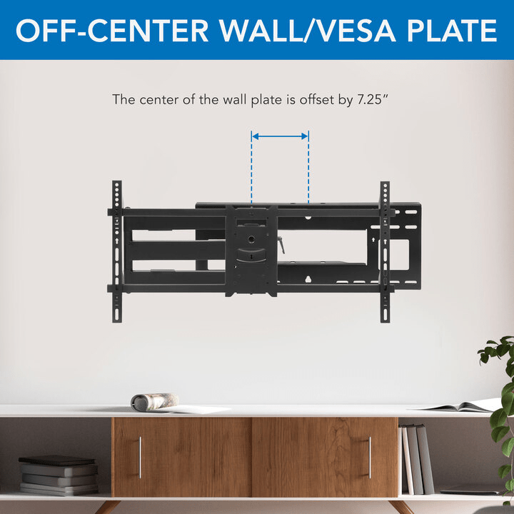 The Mount-It! Full Motion TV Wall Mount with Extra Long Extension is shown installed off-center above a modern credenza, with text highlighting a 7.25-inch offset and a top blue banner reading OFF-CENTER WALL/VESA PLATE.