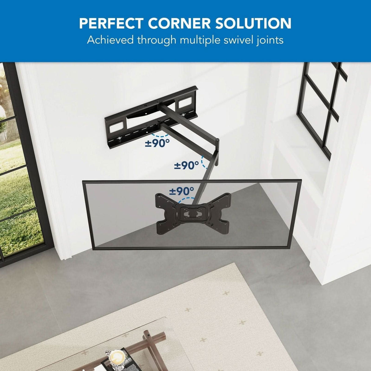 The Mount-It! Full Motion TV Wall Mount with Extra Long Extension is shown in a corner, featuring multiple swivel joints for flexible +90°/-90° rotation—ideal even for 70-inch TVs. Room has white walls and a window.