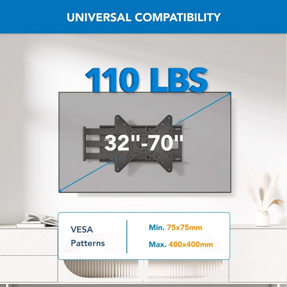 Image shows the Mount-It! Full Motion TV Wall Mount with Extra Long Extension holding a 32-70" screen (max 110 lbs), VESA compatible from 75x75mm to 400x400mm. White cabinet and plant decor are in the background.