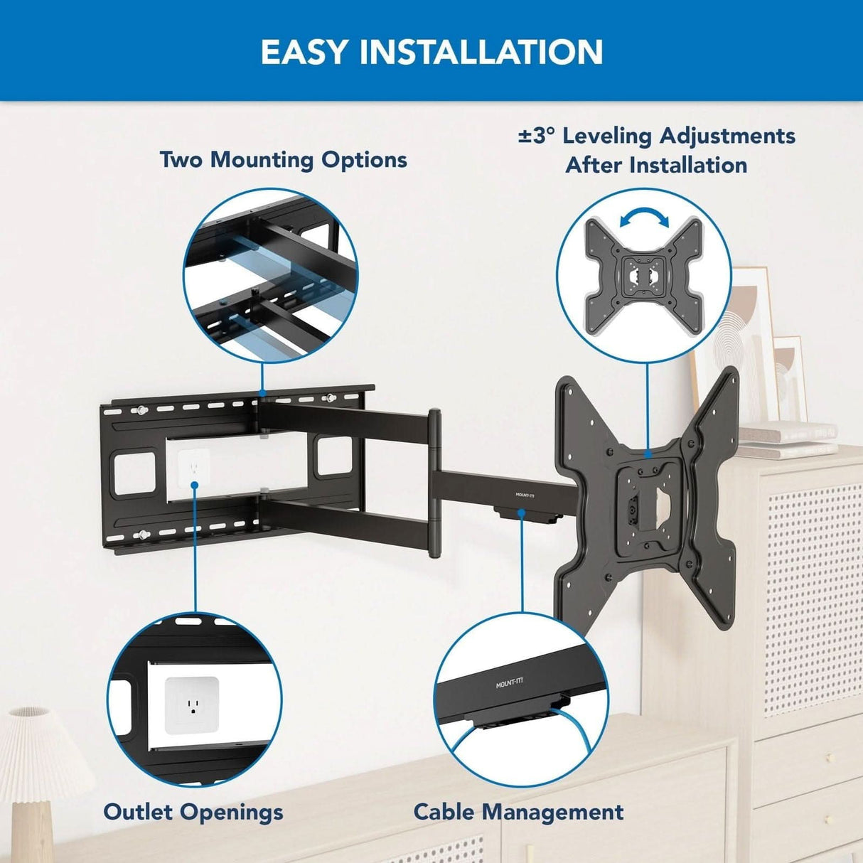 Illustration of the Mount-It! Full Motion TV Wall Mount with Extra Long Extension for 70" TVs, displaying two mounting options, ±3° leveling, outlet openings, and cable management. The bracket is shown installed above a cabinet.