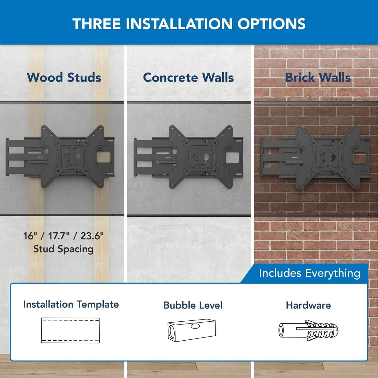 Illustration showing three installation options for the Mount-It! Full Motion TV Wall Mount with Extra Long Extension—wood studs, concrete, and brick walls—plus a template, bubble level, and hardware. Perfect for 70 inch TVs.