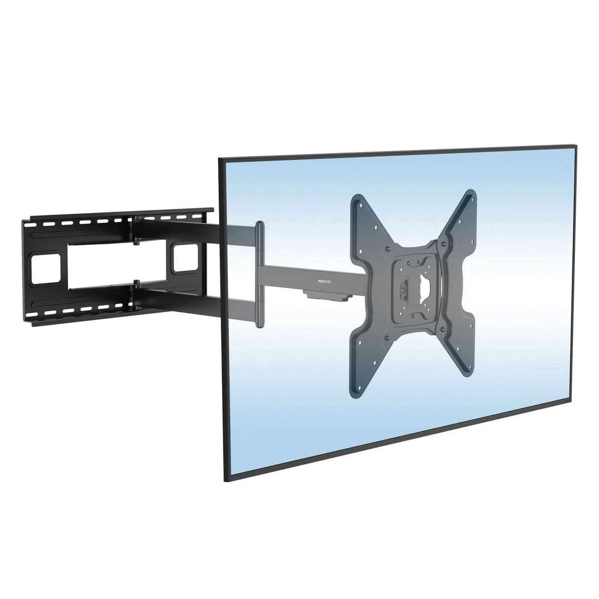 A flat-screen TV is mounted on the Mount-It! Full Motion TV Wall Mount with Extra Long Extension, featuring an extending arm, set against a plain light blue background.