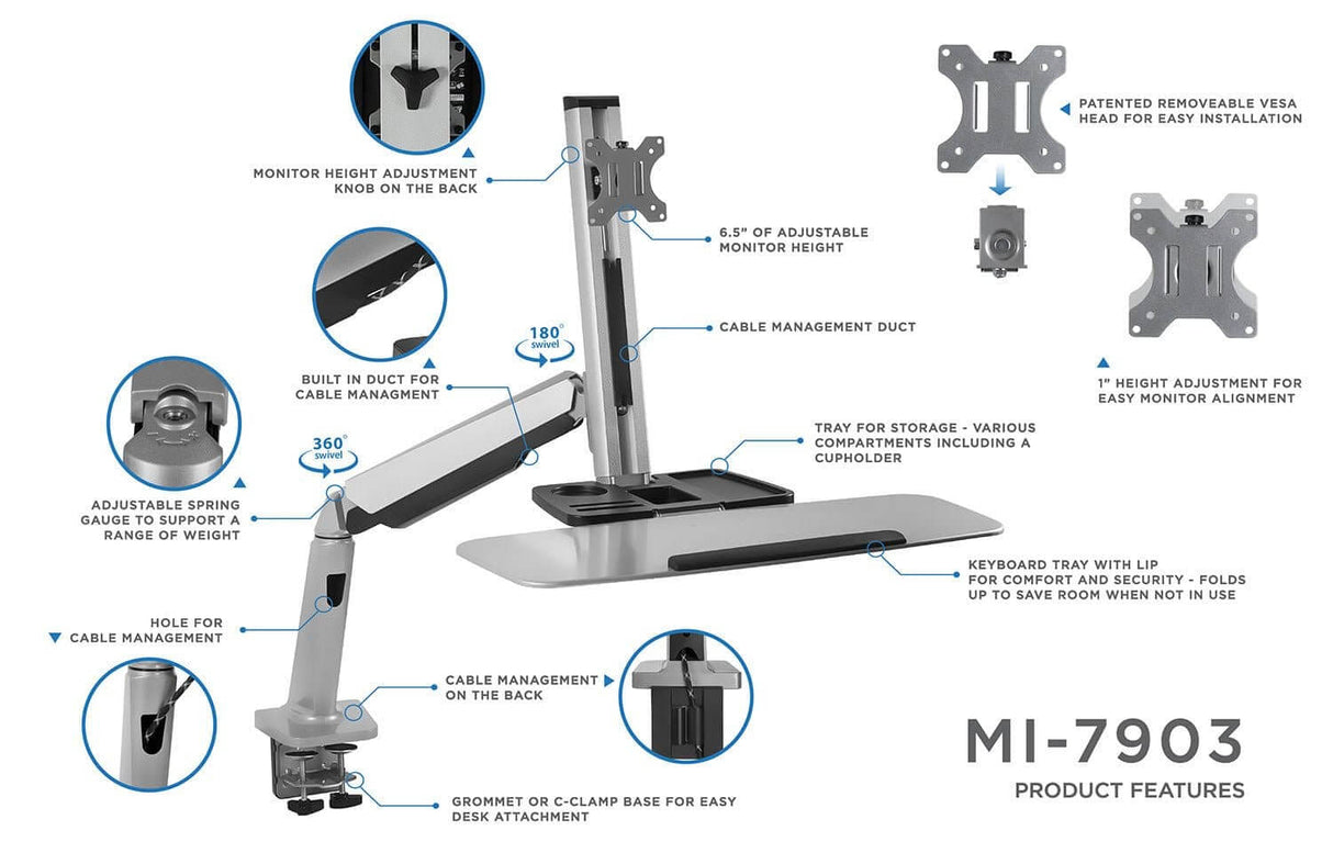 Single Monitor Adjustable Sit Stand Workstation Grey Desk Converters - Single Monitor Adjustable Sit Stand Workstation - Mount-It! - MI-7903