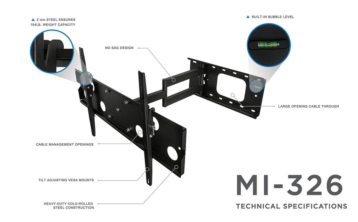 Heavy Duty Low Profile Full Motion TV Wall Mount with Long Extension TV Mount - Heavy Duty Low Profile Full Motion TV Wall Mount with Long Extension - Mount-It! - MI-326B