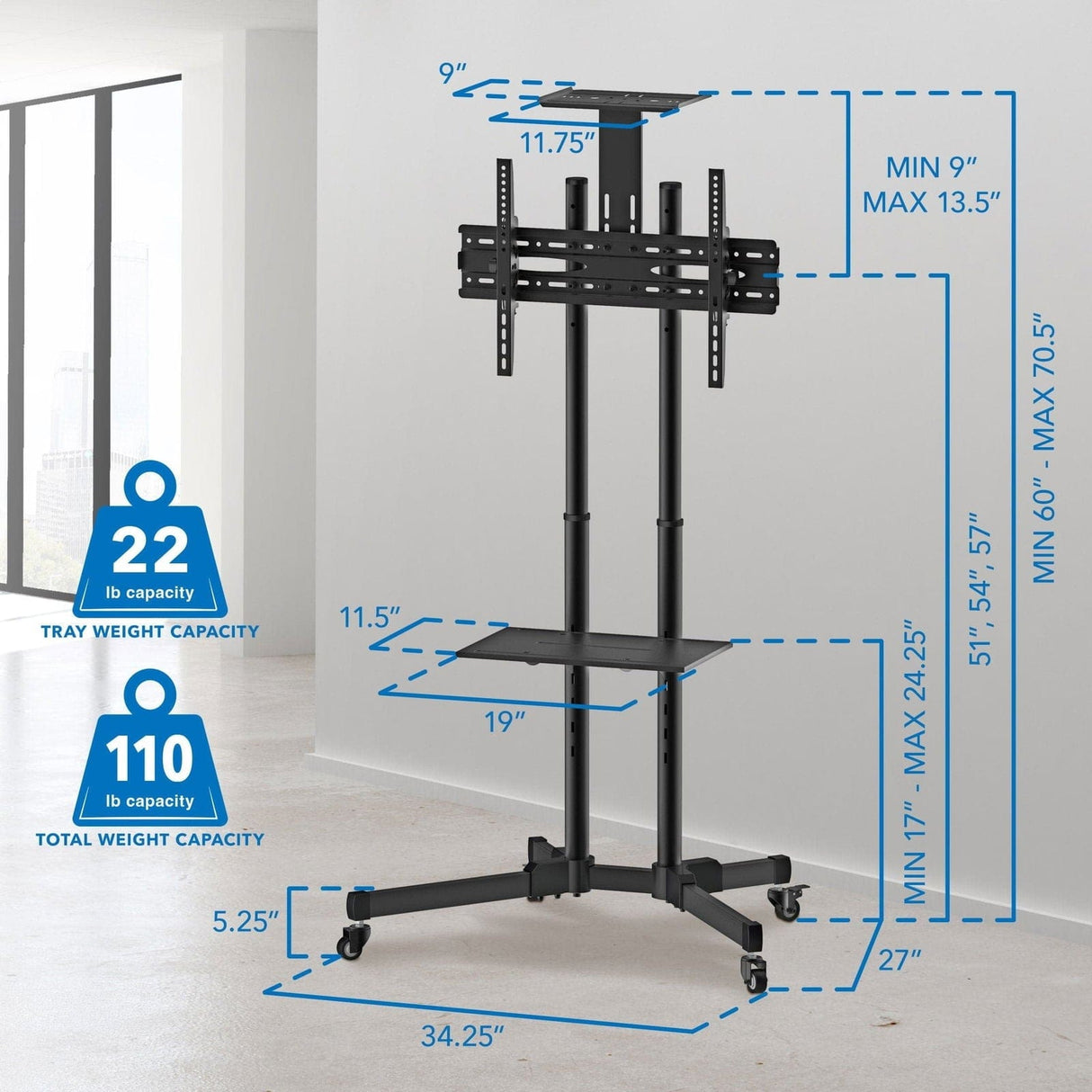 Height Adjustable Mobile TV Cart & Shelf TV Cart - Height Adjustable Mobile TV Cart & Shelf - Mount-It! - MI-876