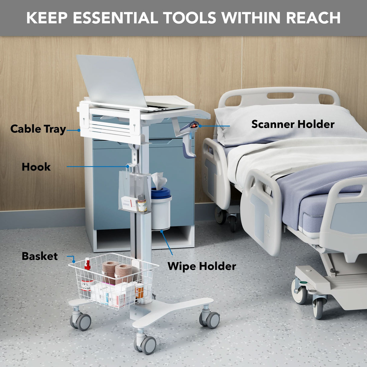 Mobile Standing Desk - MedHub Height Adjustable Laptop Cart with Security Bar - Mount-It! - MI-16030